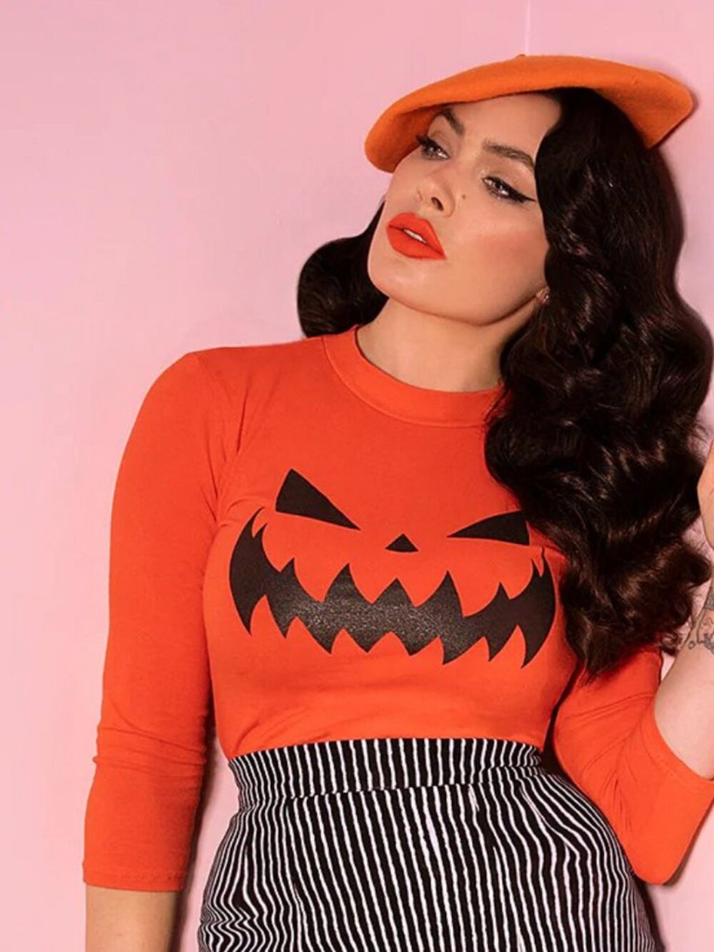 Vixen By Micheline Pitt Womens Orange Pumpkin King Halloween 3/4 sleeve top